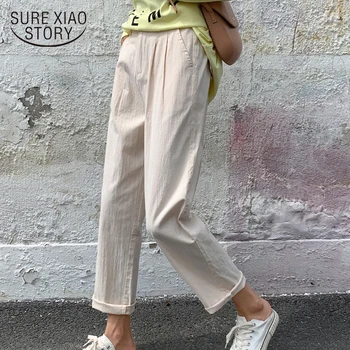 

Pantalon Femme 2020 Korean Summer Cotton Nine Harem Pants Women Casual Straight Elastic High-Waisted Loose Slacks Women 9384 50