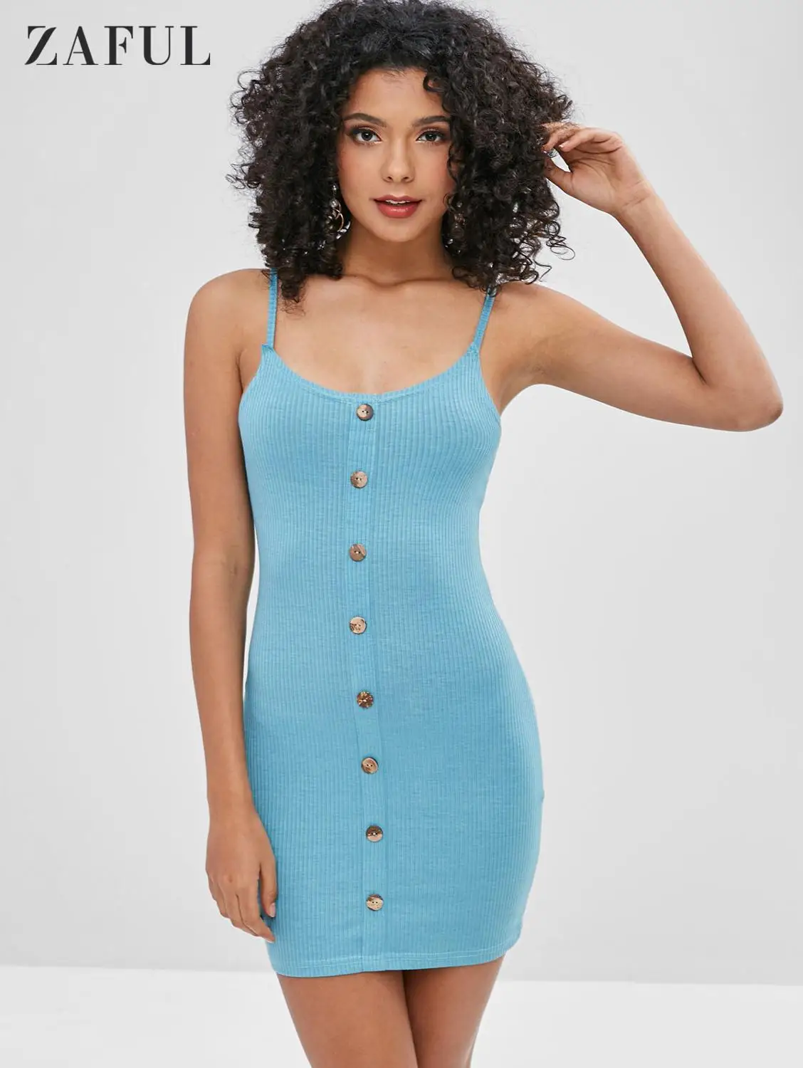 

ZAFUL Buttoned Ribbed Cami Bodycon Dress