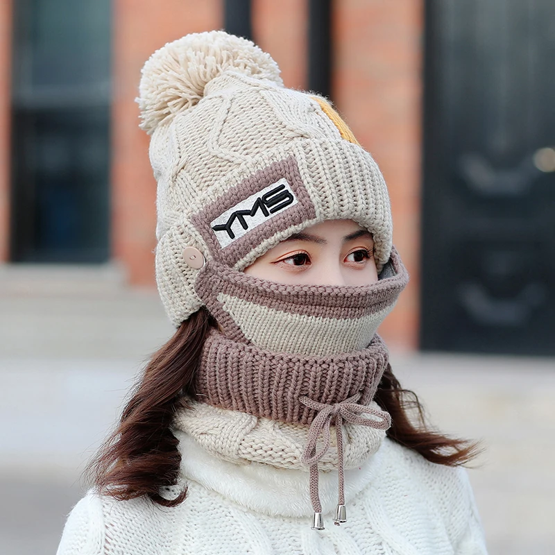 Khaki Skullies Beanies, 3 шт., вязаная шапка, новинка, зимние женские головные уборы, теплая маска для лица, шапка с бархатной подкладкой, женский шарф, набор, шапка для снежной погоды - Цвет: Khaki