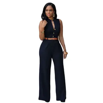 

Women's Jumpsuit Fashion Sexy Loose V-Neck Rompers Party Jumpsuit Sleeveless Rompers With belt