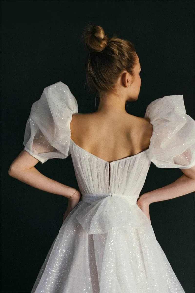 Wedding Dresses Shiny Glitter Puff Short Sleeve Vintage Bride Dress