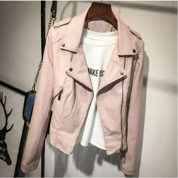 

Women's Leather Jacket Spring Autumn Pink, Black Slim Cool Lady PU Faux Leather Jacket Women's Basic Zip Jacket Street Jacket