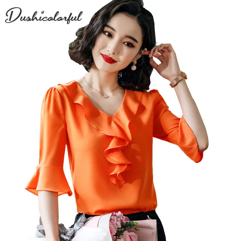 Dushicolorful Летние шифоновые блузки с коротким рукавом женская 2019 офисные рубашки и