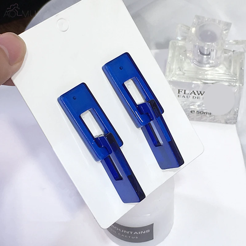 

AOMU Simple Retro Blue Resin Exaggeration Geometric Square Hollow Dangle Drop Earrings for Women Girl Gifts Party Jewelry