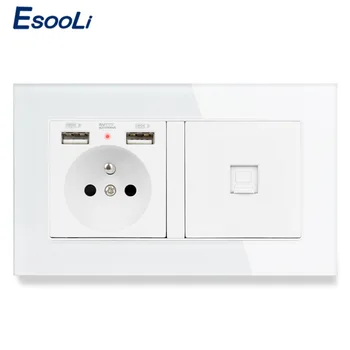 

ESOOLI French Standard Socket with 2 USB + 1 Gang RJ45 CAT5E Internet Computer Data Connector Tempered Glass Panel