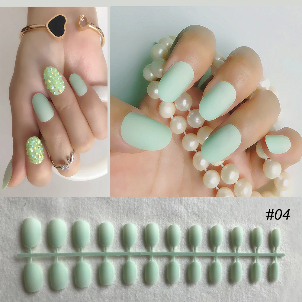 

24 pcs fake nails matte short customized Rhinestone pattern green press on nails tip complete set acrylic false nails