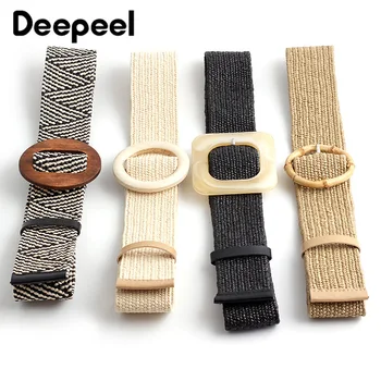 

5*95cm Fashion Women Braided Elastic Belts Round Bamboo Buckle Wood Button Girdle Decorative Stretch Pants Jade Clasp Waistband