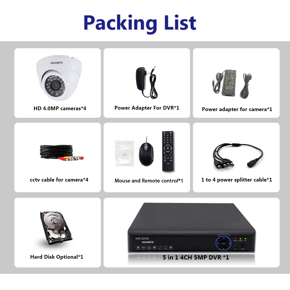  4 Channel CCTV Security camera with AHD 5MP DVR System 4 x 4MP Wihte Black Dome Camera video survei - 32851399032