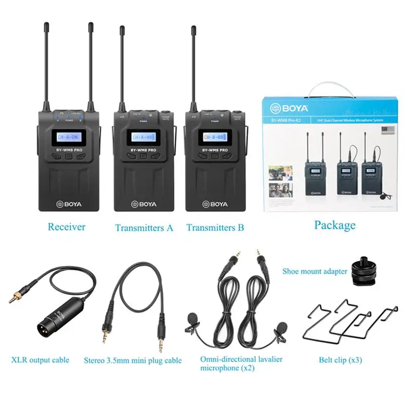 

BOYA BY-WM8 Pro-K2 UHF Dual-Channel Lavalier Wireless Microphone System 2 Transmitters & 1 Receiver with LCD Screen for Canon Ni