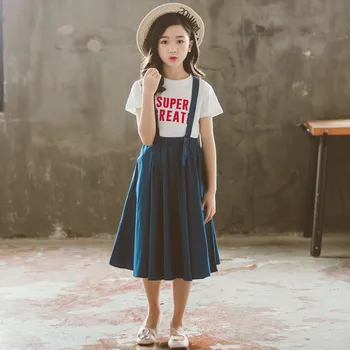 

2020 Summer New Girls T-shirt Dress Suit blue strap skirt Fashion Grils letter print Cotton T shirt 2pcs Sets LZ195
