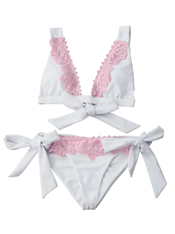 

Bikini White Pink Lace Bowknot Women Sexy Bikinis Mujer With Thong Two Piece Swimsuit Beach Wear