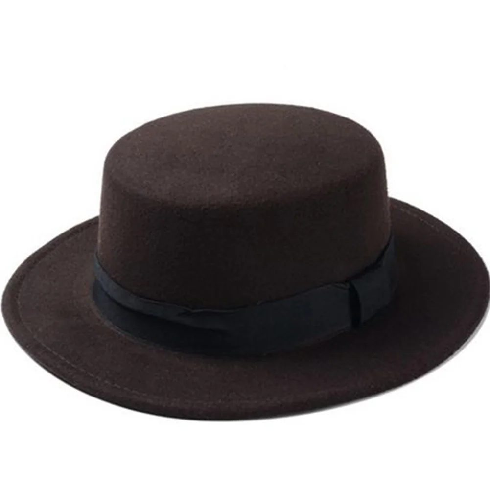 

Fashion Wool Boater Flat Top Hat For Women Felt Wide Brim Hat Laday Prok Pie Chapeu de Feltro Bowler Gambler Top Hat