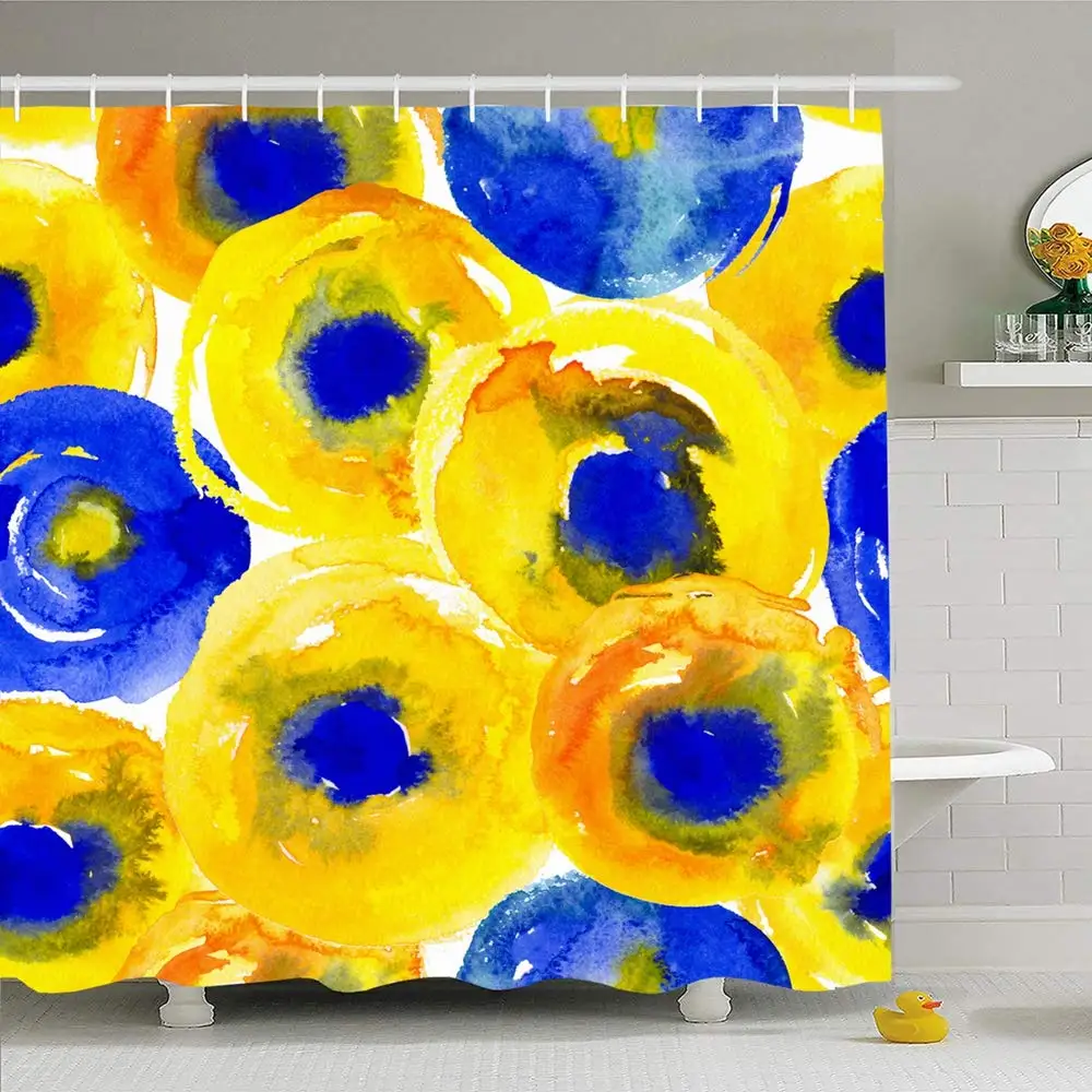 

Shower Curtain Set with Hooks 72x78 Abstract Watercolor Circle Decor Round Retro Artistic Blue Splat Summer Textile Textures