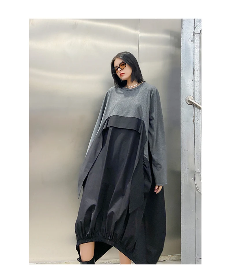[EAM] Women Gray Contrast Color Big Size Dress New Round Neck Long Sleeve Loose Fit Fashion Tide Spring Autumn 2020 1DA259
