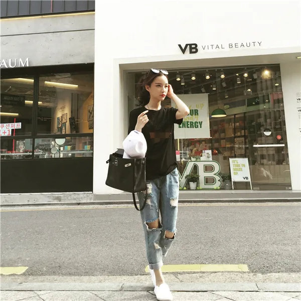 Jeans Woman High Waist Plus Size Ripped Capri Loose Korean Style Hole Ankle-Length Pants Jeans Women