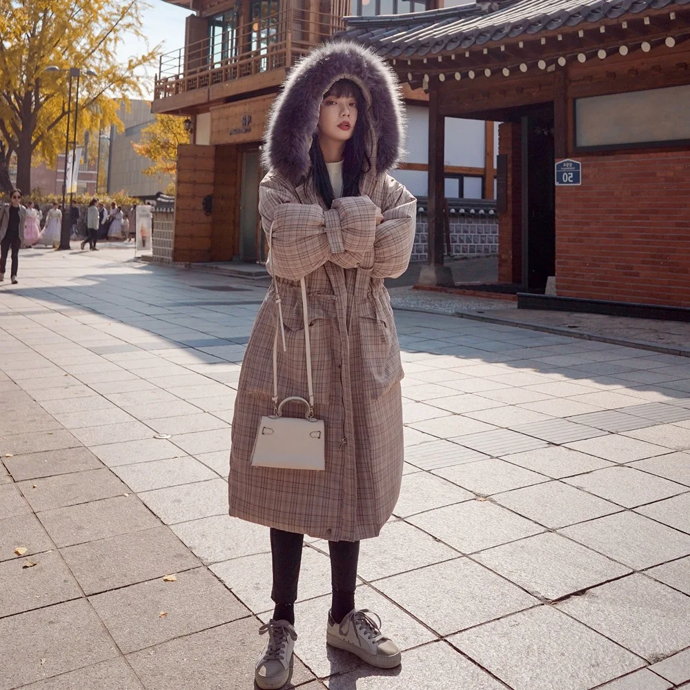 

Photo Shoot Korean-style Loose-Fit Plaid down Jacket Cotton-padded Clothes 2019 Winter New Style Retro Laziness-Style Large Fur