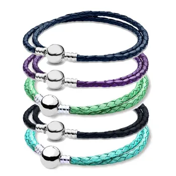 

Real 16-44cm Genuine leather Ball Clasp Snake 925 Sterling Silver Bracelets Fit Europe Original Bangle Bead Charm DIY Jewelry