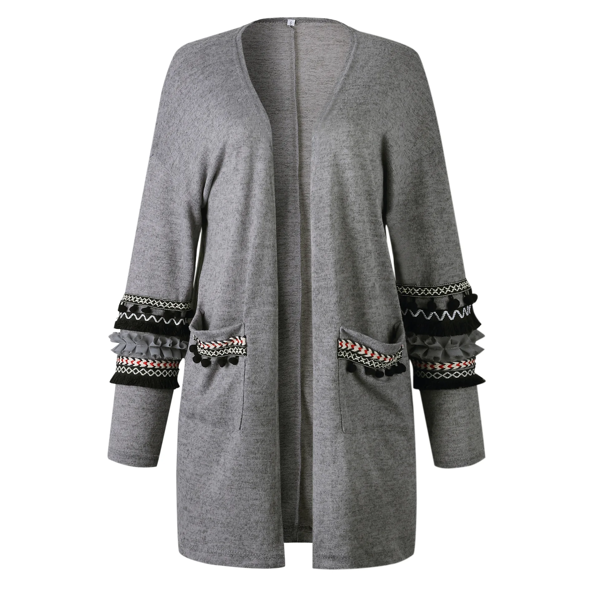 Большой размер, Осень-зима, женский свитер, пальто, длинный рукав, аппликация, кисточка, карманы, вязаный кардиган, Повседневная Свободная одежда, Женский S-3XL