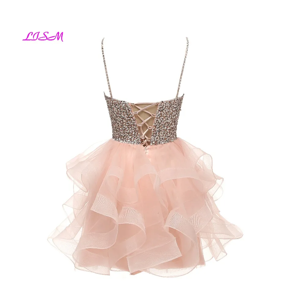 Spaghetti Beaded Bodice Mini Homecoming Dress Tulle Short Prom Dresses Sequin Crystals Party Gowns 8 grade graduation dress