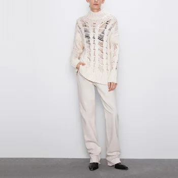 

Autumn and winter women's sweater casual solid color high collar long sleeve hollow design sweater