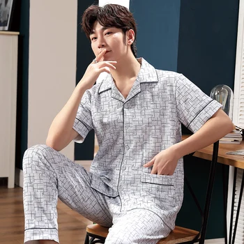 

Summer Pajamas For Men Sleepwear Striped Pijamas Short Tops+Long Pants Two Pieces Set Mens Pyjamas Plus Size 3XL Male Sleepwear