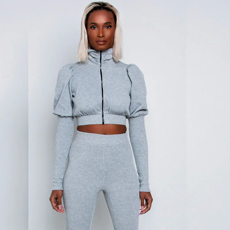 

Echoine Autumn Winter Ribbed Crop Top and Pants 2 Piece Set Puff Sleeve Zipper Jacket Pleated Pants Women Tracksuit Sportwear