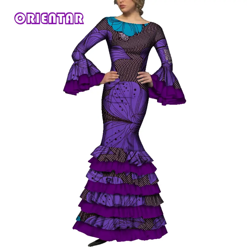 Африканские платья для женщин с длинным Расклешенным рукавом, женское элегантное облегающее свадебное платье, Африканская Хлопковая одежда с принтом WY3557