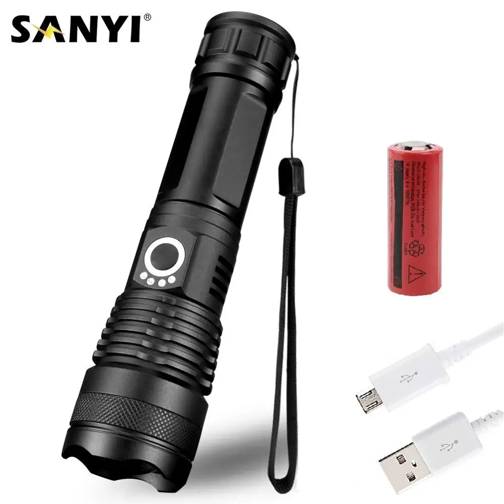 P50 LED Tactical Flashlight 5 Modes Zoomable Torch Waterproof USB Charging 26650 Scout Hunting Flash Light With Clip Tail Rope