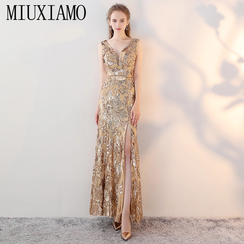 

MIUXIMAO Custom Plus Size 2019 Gold Luxury Sequins Maxi Dress Ladies Fashion Party Dress Women Elegant Long Dress Women Vestido