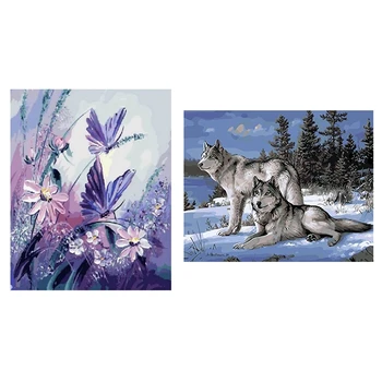 

2 Set Wooden Framed Paint By Number or Not - Diy Oil Painting By Numbers 16x20 Inches (Frameless) - Snow Wolf & Butterfly with P