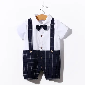 

Summer baby boy clothes new born baby clothes gentleman strap plaid jumpsuit cotton led knot short sleeve jumpsuit