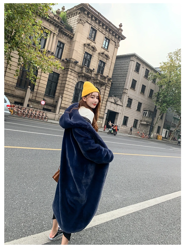 Зимняя Корейская версия, повседневное длинное меховое пальто, новая мода, Свободное пальто с капюшоном, длинный рукав, толстое теплое пальто для женщин JQ1091