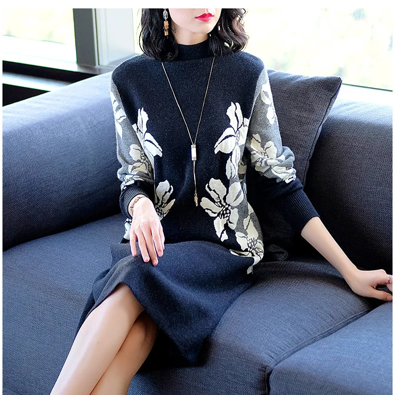 

Thick over-the-Knee Jersey Dress Female Autumn Models in Europe And America Mid-length Elegant Slimming Knitted Sweater Dress Wo