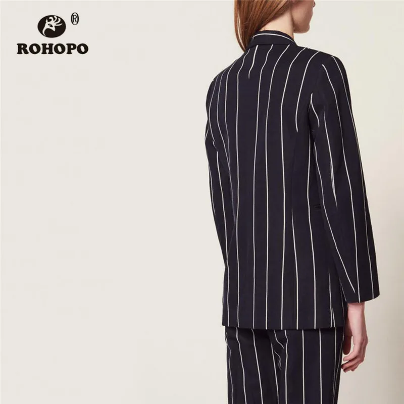 ROHOPO Notched Collar Vertical Striped Side Welt Pockets Slim Blue Blazer Double Buttons Asymmetric Flay Elegant Outwear #6919 ROHOPO Notched Collar Vertical Striped Side Welt Pockets Slim Blue Blazer Double Buttons Asymmetric Flay Elegant Outwear #6919