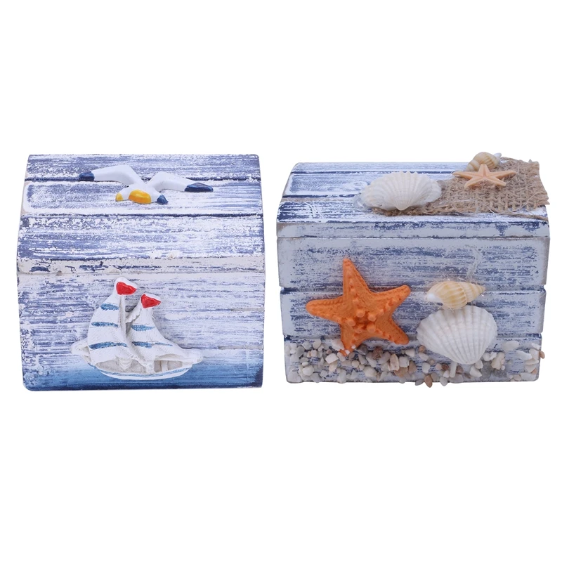 

2 Pcs Mini Sea Wooden Pirate Treasure Jewellery Storage Chest Craft Box Case Organiser, 1 Pcs Starfish & 1 Pcs Sailboat