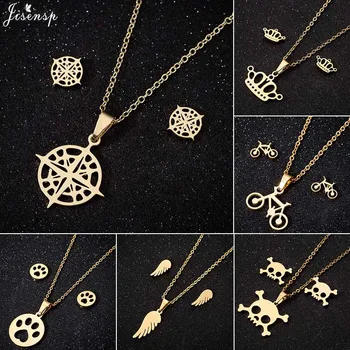 

Jisensp Vintage Design Compass Pendant Necklace Earrings Fashion Skull Crown Stainless Steel Jewelry Sets for Women Men bijoux