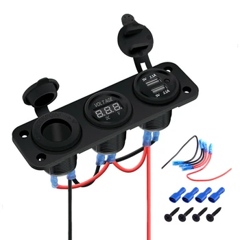 

For Vehicle Motorcycle ATV Boat Car Marine UTV Camper Travel Switch Panel 12V Dual USB Charger Power Socket & Blue LED Voltmeter