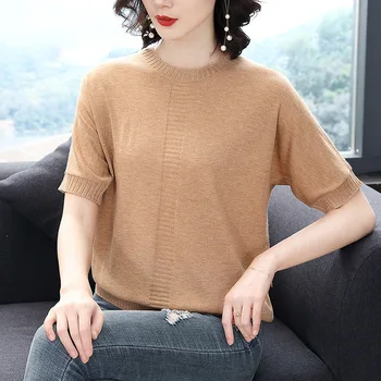 

Summer 2020 new round neck knitted short-sleeved T-shirt women red