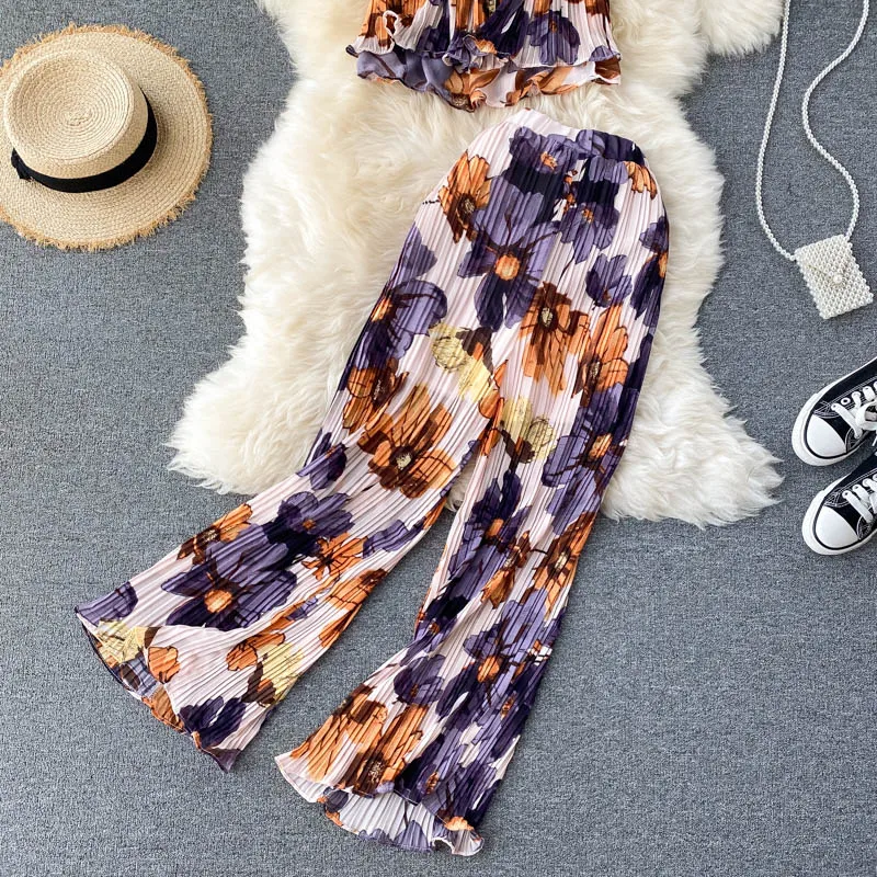Printed Short Top Pleated High-Waist Wide-Leg Pants Two-Piece Set in Pants