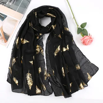

2020 New Women Gold Feather Print Hijab Scarf Shawl Female Soft Long Plain Cotton Scarves Bandana Foulard Femme Muslim Head Wrap