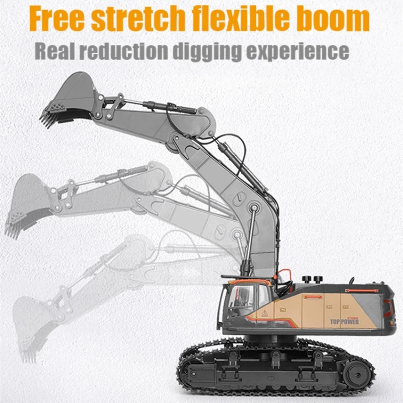 Realistic Simulation RC Excavator 680 Degree Rotation 22-CH Alloy Bucket Flexible Boom LED Light 30Mins Endurance Alloy RC Truck 3