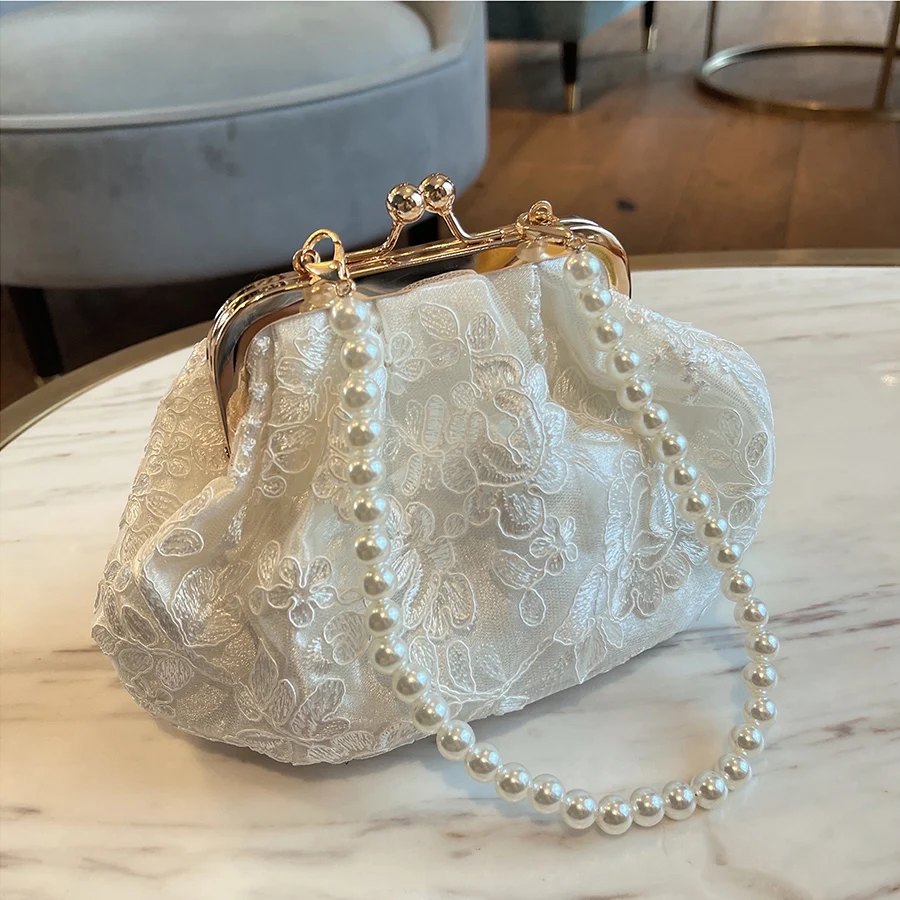 Embroidered Evening Handbags Pearl Chain Shoulder Bag All-Match Clip Dinner Party  Clutch Purse Luxury Women Messenger Bags White - AliExpress