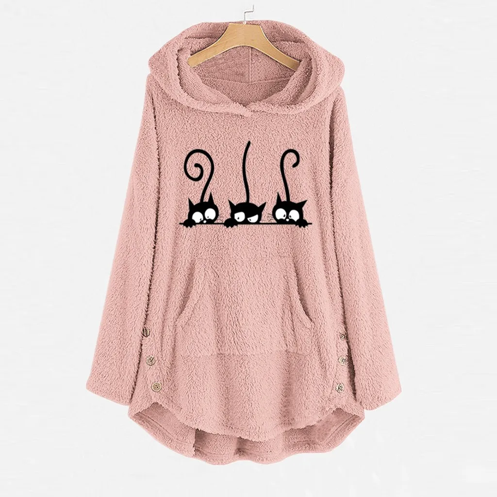 Kawaii moletom feminino sudadera mujer Толстовка Женская флисовая с вышитым котом размера плюс теплые толстовки женские на пуговицах