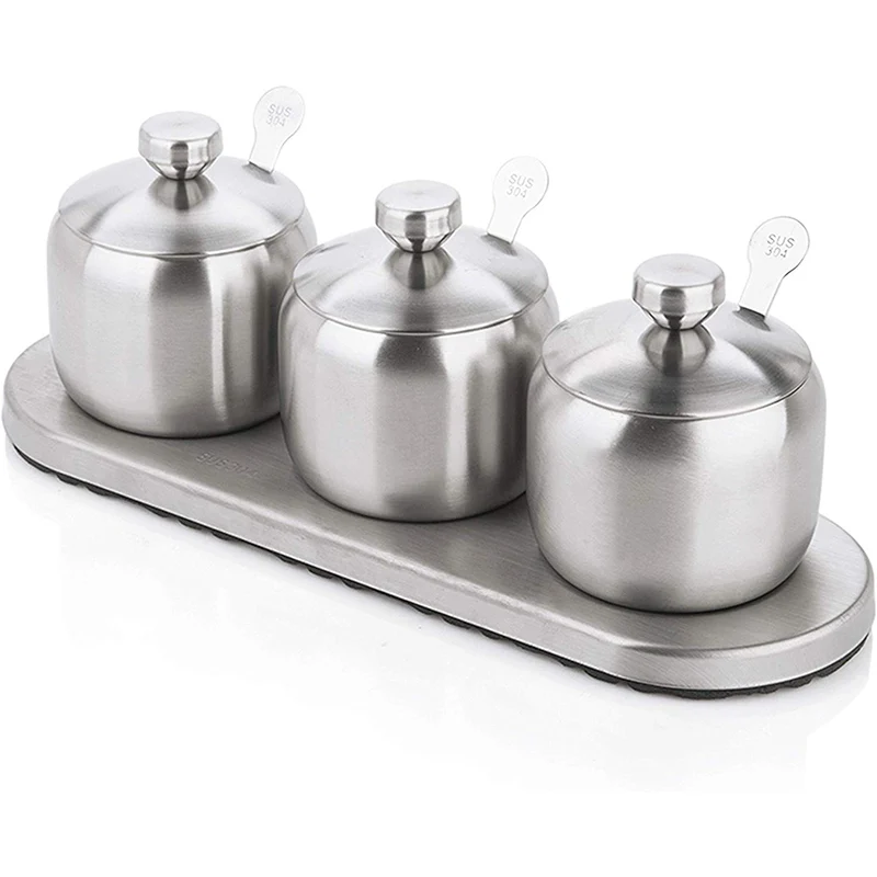 

Kitchen Stainless Steel Seasoning Containers Set Spice Jar Set Condiment Cruet Bottle Salt Sugar with Spoons And Non-slip Base