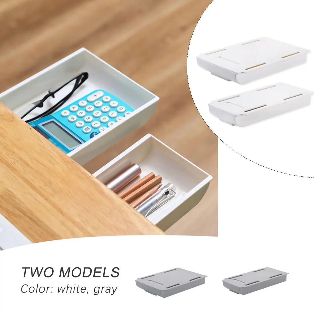 

2PCS Creative Under Desk Storage Box One Grid Drawer Storage Box Tray Table Stand Drawer Case Container Space Save Self-adhesive