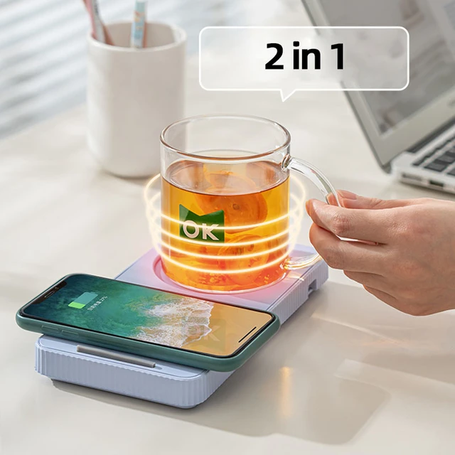 2 in 1 Coffee Cup Heater Mug Warmer Phone Wireless Charging