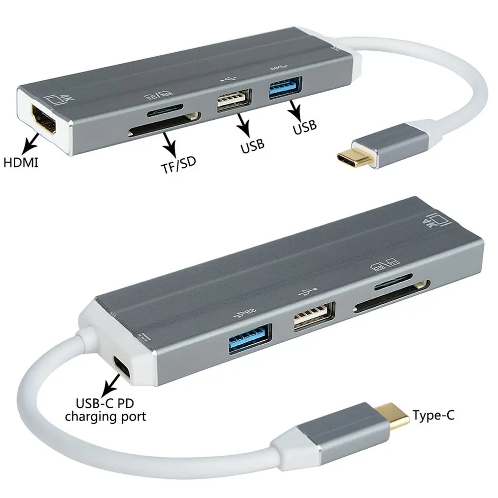  6 In 1 Usb-C Hub 4K Hd Video Audio Adattatore del Cavo di Tipo C A Hdmi Usb 3.0 /Usb 2.0 Con lettor