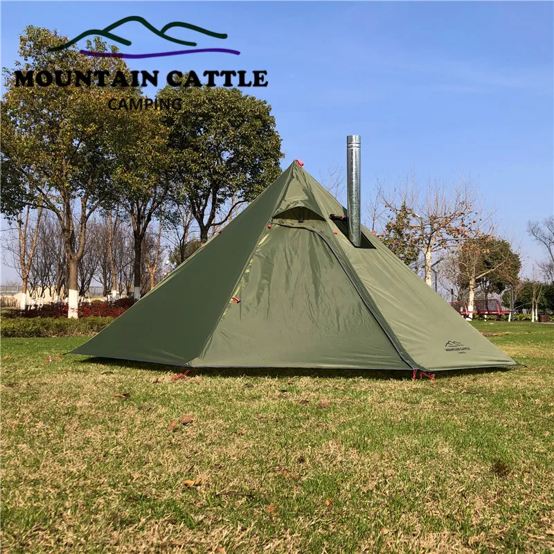 3-4 Person Ultralight Outdoor Camping Teepee Big Pyramid Tent Backpacking Hiking Tent with Rod Stovepipe Hole Awnings Shelter (4)