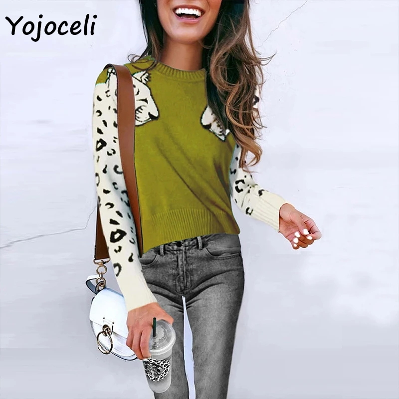 Yojoceli женский лоскутный свитер с леопардовым принтом, женский свитер, модный вязаный джемпер, пуловер, повседневный вязаный свитер с круглым вырезом