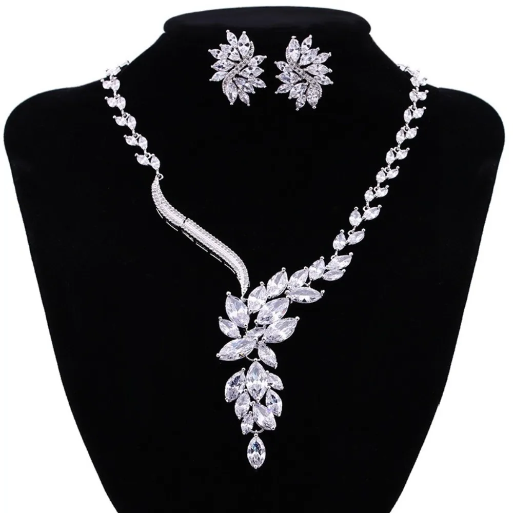 Amc Luxury Asymmetrical Irregular Flower Necklace And Earring Set Aaa Cubic Zircon Bridal Party